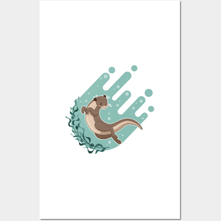 Sea otter floating on water with kelp forest vector illustration Posters and Art